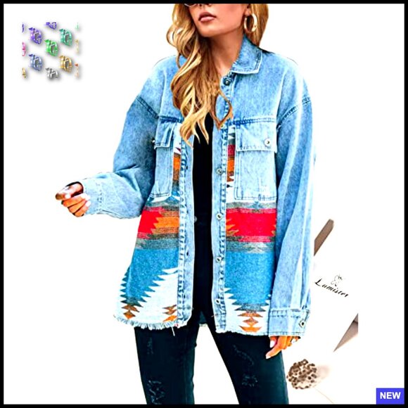 Vintage Aztec Denim Jacket Distressed Lapel Long Sleeve Button Down Shacket - Picture 3 of 7